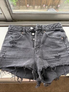 High-Rise Distressed Black Denim Shorts
